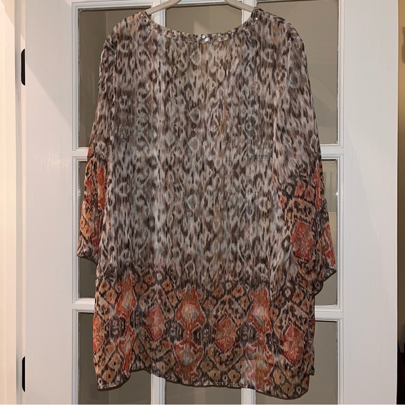 Lightweight Sheer Beaded Brown Cream Orange Patterned Long Sleeve Blouse L - Picture 2 of 3